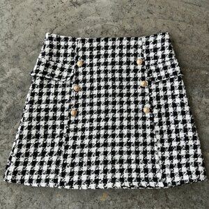 ALYA Black White Houndstooth Tweed Mini Skirt Gold Buttons A-Line Women's Size M
